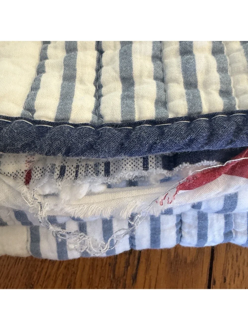 Cotton Quilt Twin Red White Blue Stripe And Plaid Comfy And Preowned Well Loved
